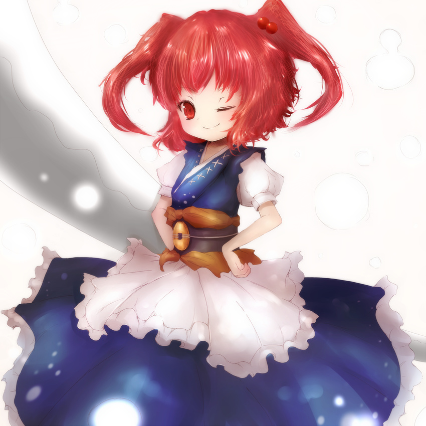 amanojaku bad_id bad_pixiv_id belt blue_dress coin dress hair_bobbles hair_ornament hands_on_hips highres looking_at_viewer one_eye_closed onozuka_komachi purple_hair red_eyes red_hair sash shirt short_hair smile solo touhou two_side_up