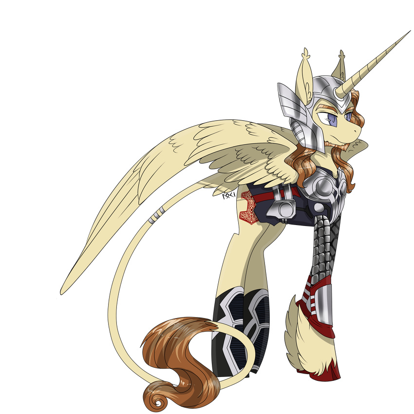 armor beard clothing crossover cutie_mark equine facial_hair feral fur hair helmet horn horse long_hair male mammal my_little_pony plain_background pony purple_eyes smile solo standing thor_(deity) toxicunicorns transparent_background winged_unicorn wings