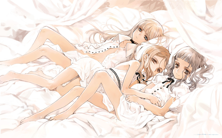 barefoot bed black_hair blonde_hair brown_hair ema_(shirotsume_souwa) flat_chest legs long_hair long_legs looking_at_viewer multiple_girls navel ooyari_ashito open_clothes open_shirt sayu_(shirotsume_souwa) shirotsume_souwa shirt short_hair smile touka_(shirotsume_souwa)