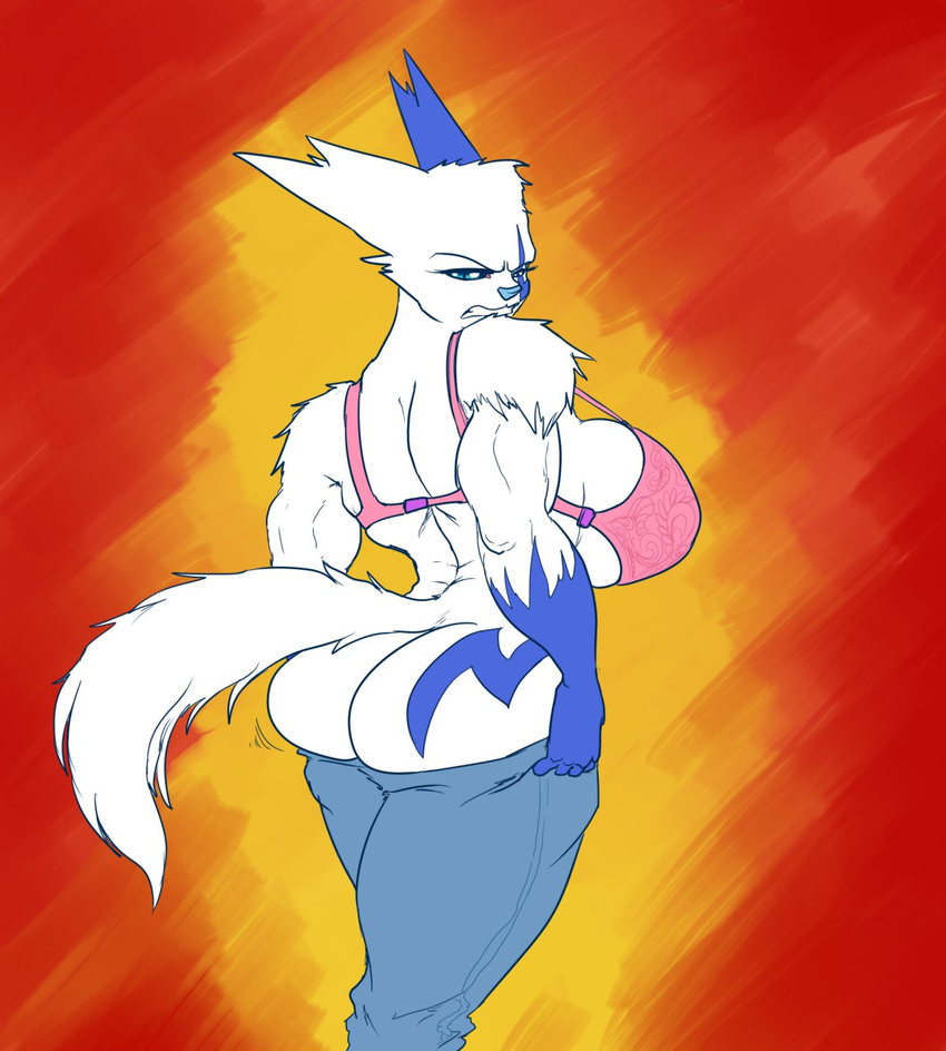 annoyed anthro big_breasts big_butt bra breasts butt dressing female huge_breasts kaboozlefa karaken muscles muscular_female nintendo pok&#233;mon pok&eacute;mon shiny_pok&#233;mon tight_pants underwear video_games zangoose