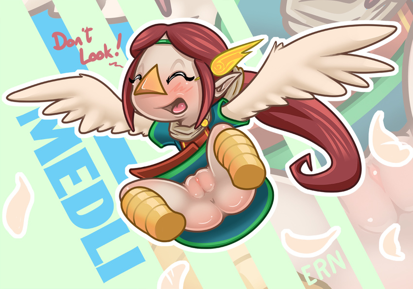 :d anus avian b-ern bird blush butt clothed clothing cosplay cub cute english_text ern exposed eyes_closed feathers female flying hair half-dressed hi_res human legend_of_zelda long_hair mammal medli nintendo open_mouth ponytail presenting presenting_hindquarters presenting_pussy pussy rito solo spread_legs spreading text the_legend_of_zelda tongue video_games wind_waker wings young