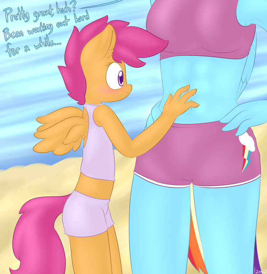 abs anthro anthrofied blue_fur dialog duo english_text equine female friendship_is_magic fur hair horse lamiaaaa mammal my_little_pony orange_fur pegasus pony purple_eyes purple_hair rainbow_dash_(mlp) scootaloo_(mlp) swimsuit text wings young