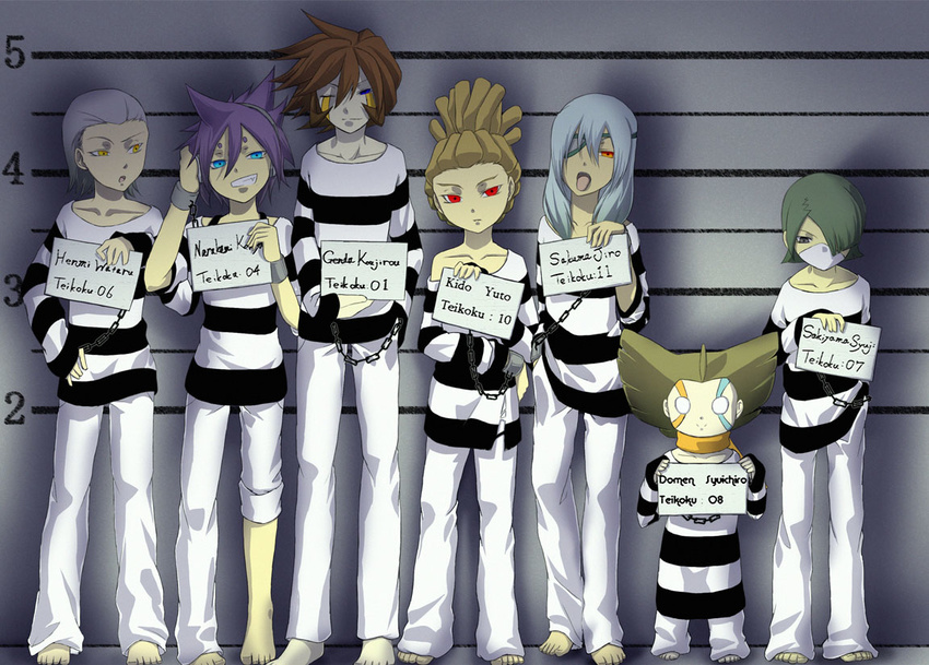 6+boys barefoot chained chains child domen_syuichiro feet genda_koujirou henmi_wataru inazuma_eleven inazuma_eleven_(series) izayoi04 kidou_yuuto male_focus mugshot multiple_boys narukami_kenya prison sakiyama_syuji sakuma_jirou standing toes