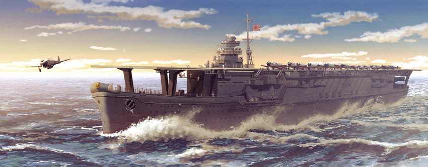 a6m_zero aa_gun aircraft aircraft_carrier airplane b5n cloud commentary_request earasensha flag gun highres imperial_japanese_navy japanese_flag kikumon machine_gun military military_uniform military_vehicle multiple_boys naval_uniform ocean original rising_sun ship shoukaku_(aircraft_carrier) sky sunburst torpedo turret uniform warship water watercraft weapon world_war_ii