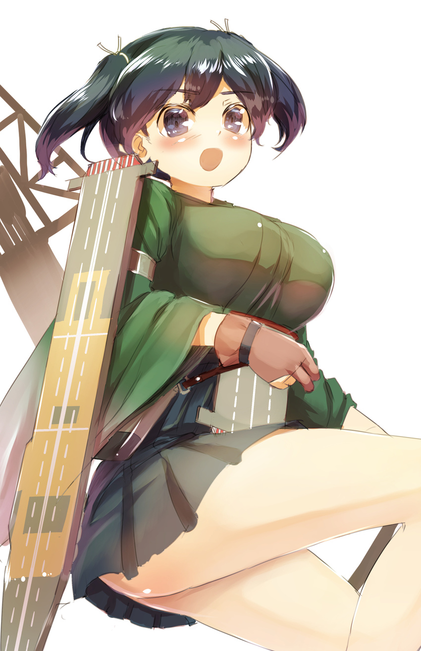 archery black_hair blue_eyes blush breasts danbo_(rock_clime) gloves highres japanese_clothes kantai_collection kyuudou large_breasts open_mouth partly_fingerless_gloves quiver ribbon short_hair single_glove skirt smile solo souryuu_(aircraft_carrier) souryuu_(kantai_collection) twintails wide_sleeves yugake