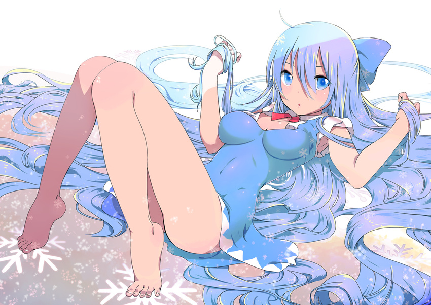 absurdly_long_hair ass bad_id bad_pixiv_id bare_legs barefoot blue_eyes blue_hair blue_skirt bow breasts cirno commentary feet full_body hair_bow hands_in_hair large_breasts long_hair looking_at_viewer lying older on_back open_mouth puffy_sleeves shirt short_sleeves skirt solo touhou undersized_clothes very_long_hair yamada_ranga