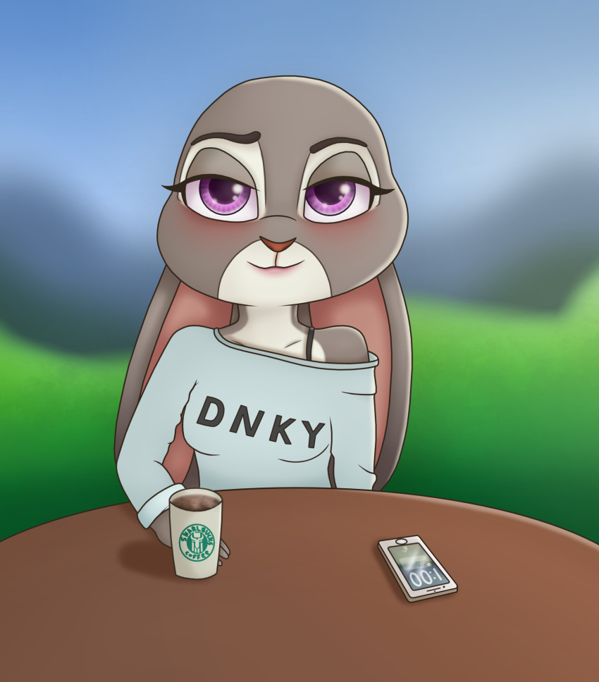 2019 anthro bare_shoulder bedroom_eyes beverage blush bra breasts cellphone clothed clothing coffee colored cup day detailed_background digital_media_(artwork) dipstick_ears disney es74 eyelashes female fur half-closed_eyes hi_res judy_hopps lagomorph looking_at_viewer mammal outside phone portrait purple_eyes rabbit seductive shirt sky smile solo underwear zootopia
