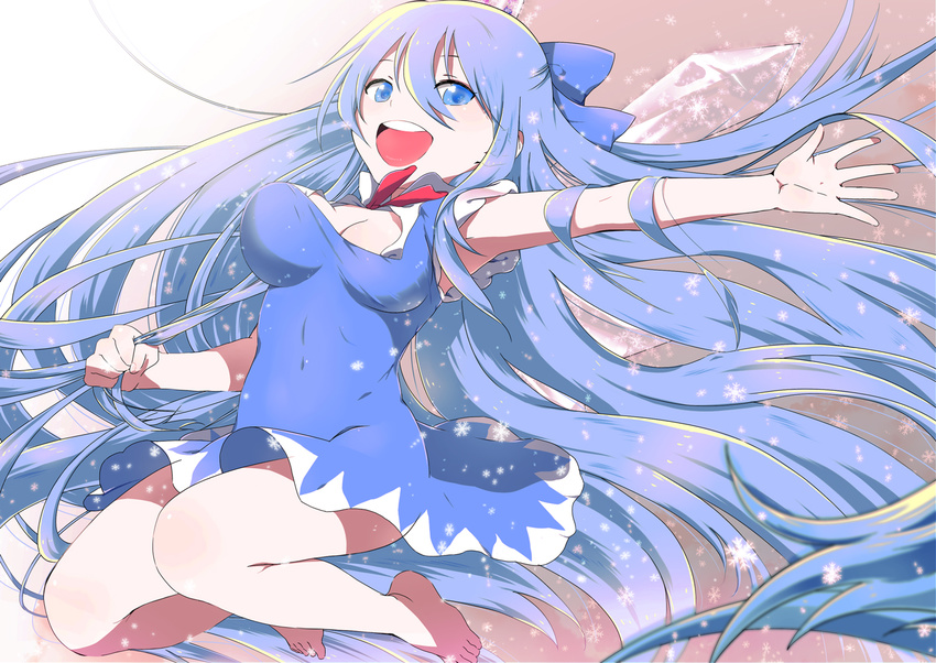 bad_id bad_pixiv_id bare_legs barefoot blue_eyes blue_hair blush bow breasts cirno cleavage dress hair_bow long_hair medium_breasts older open_mouth outstretched_arm smile solo teenage touhou yamada_ranga