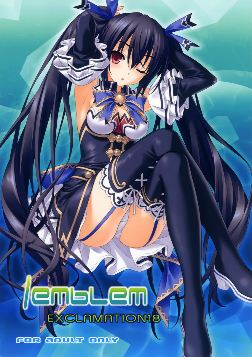 ;o absurdres armpits arms_up black_hair black_legwear boots bow breasts brooch chestnut_mouth cleavage crossed_legs detached_collar detached_sleeves english garter_straps hair_between_eyes hair_ribbon hashimoto_takashi highres jewelry long_hair medium_breasts neptune_(series) noire number one_eye_closed panties pantyshot pantyshot_(sitting) red_eyes ribbon scan sitting solo thigh_boots thighhighs twintails underwear very_long_hair white_panties