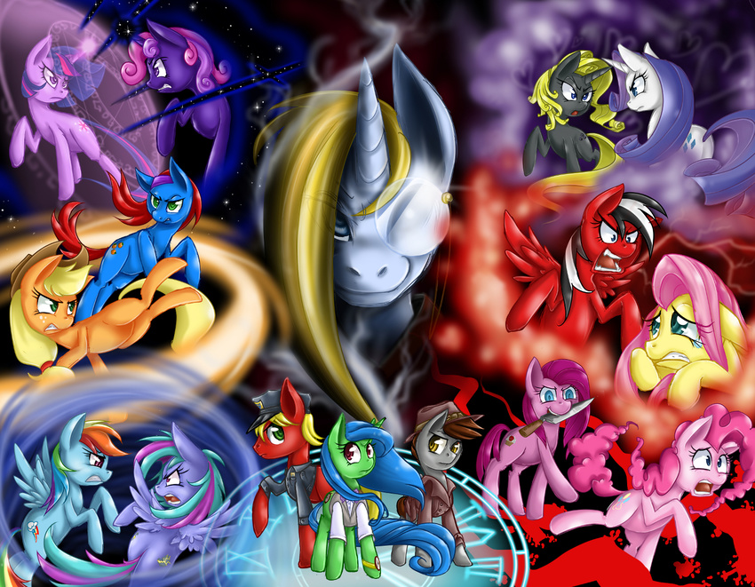 battle cutie_mark equine evil_counterpart eyewear female fluttershy_(mlp) friendship_is_magic horn knife magic_shield male mammal monocle my_little_pony original_character pegasus pinkie_pie_(mlp) rainbow_dash_(mlp) rarity_(mlp) starlight_spark starlightspark twilight_sparkle_(mlp) unicorn wings