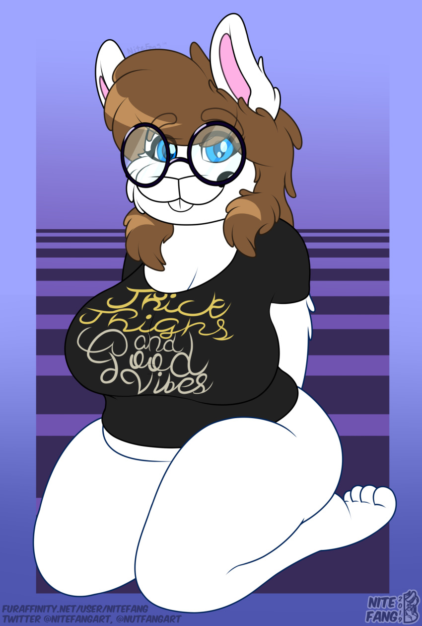 belly big_breasts big_thighs blue_eyes bottomless breasts brown_hair cleavage clothed clothing female fur hair hi_res huge_breasts kneeling lagomorph mammal nichole_(nitefang) nitefang overweight paws rabbit round_glasses shirt solo t-shirt thick_thighs white_fur wide_hips