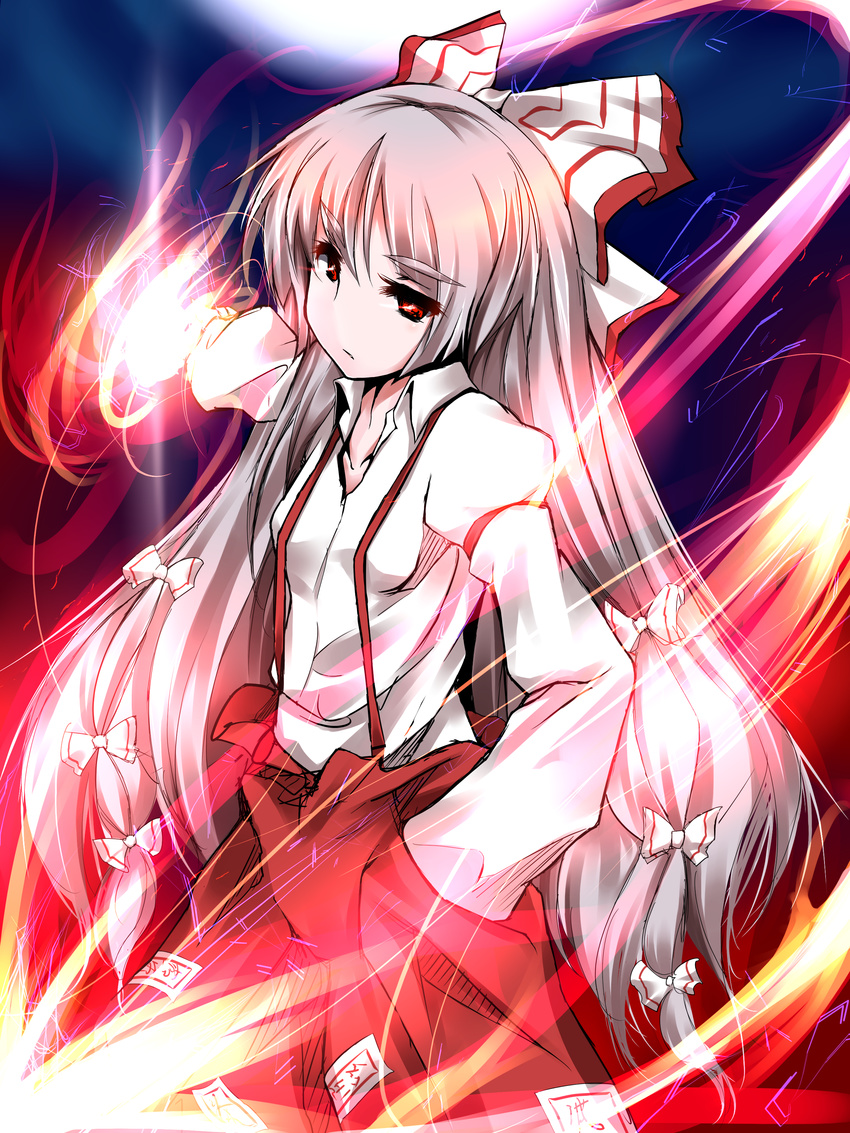 absurdres fire fujiwara_no_mokou hair_ribbon hand_in_pocket highres long_hair mikage_kirino revision ribbon solo touhou