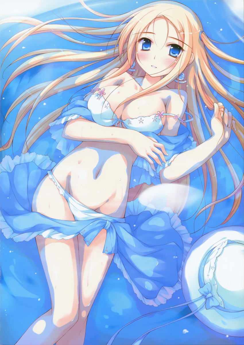 bikini blonde_hair blue_eyes blush breasts carina_verritti earrings hair_ornament hairclip hat highres jewelry ko~cha large_breasts long_hair lying shukufuku_no_campanella smile solo swimsuit undressing water windmill_(company)