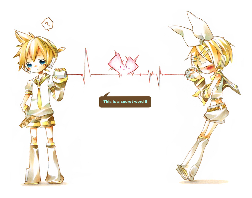 1girl ? akisame_kou bad_id bad_pixiv_id blonde_hair blue_eyes blush brother_and_sister chibi detached_sleeves english hair_ornament hairclip headphones heart kagamine_len kagamine_rin necktie ribbon siblings string_phone twins vocaloid