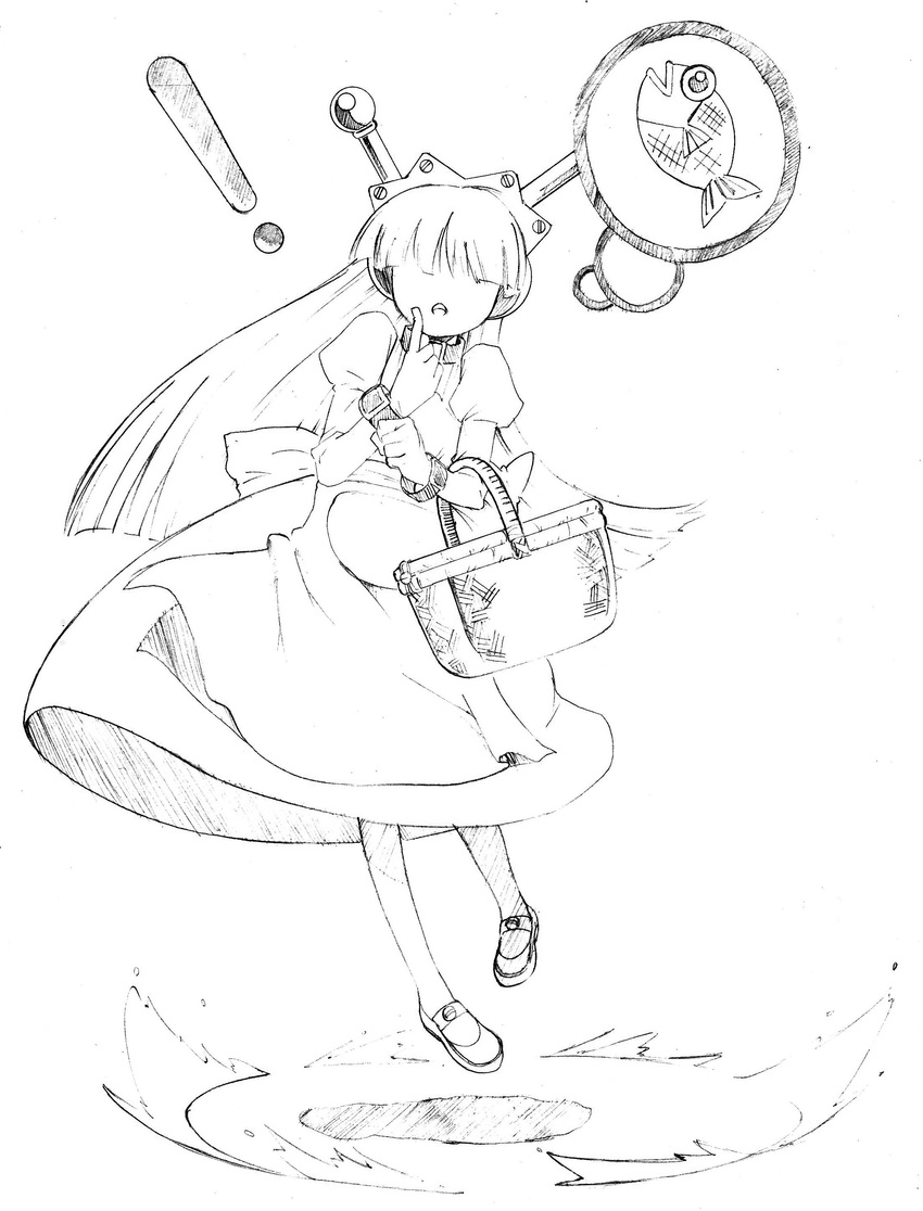 absurdres apron basket collar finger_to_face floating greyscale hair_over_eyes highres lineart long_hair maid maid_headdress monochrome robot_ears solo surprised suzuki_(19oe8k4m2s) tesse waku_waku_7