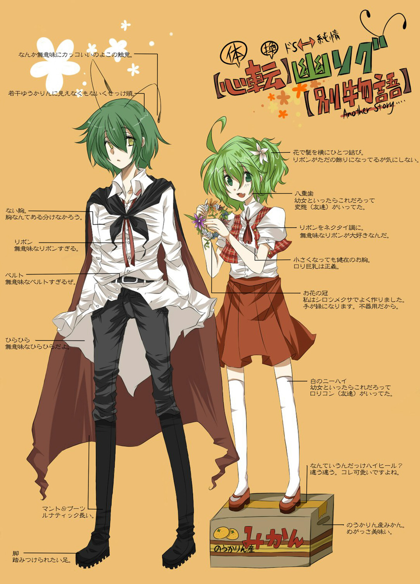 :d ahoge androgynous antennae ascot bad_id bad_pixiv_id belt black_footwear boots box cape cardboard_box expressionless fang flat_chest flower fujisaki_miyabi green_eyes green_hair hair_flower hair_ornament highres kazami_yuuka kneehighs mary_janes mikan_box multiple_girls on_box open_mouth personality_switch plaid plaid_vest red_footwear reverse_trap shoes short_hair smile standing_on_object thighhighs touhou translated vest white_legwear wreath wriggle_nightbug yellow_eyes