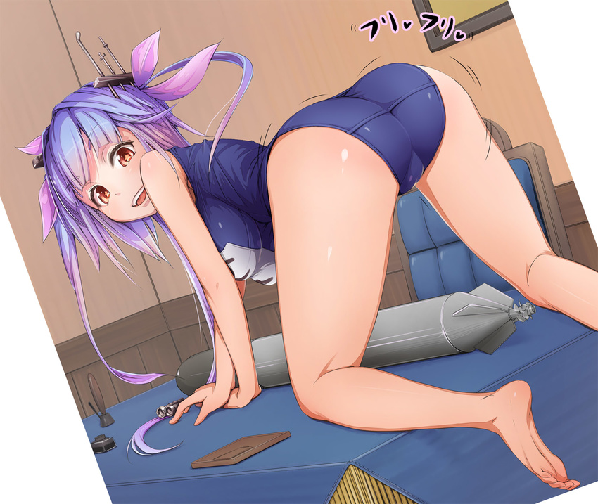 all_fours ass back blue_hair breasts chair desk hair_ornament hair_ribbon highres i-19_(kantai_collection) kantai_collection large_breasts long_hair looking_back office one-piece_swimsuit open_mouth red_eyes ribbon school_swimsuit solo star star-shaped_pupils swimsuit symbol-shaped_pupils torpedo twintails urigarasu