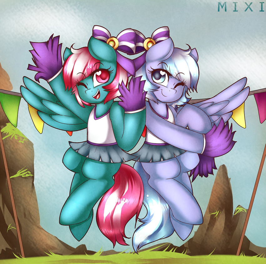 bow cheerleader clothing duo equine female feral fizzy_pop_(mlp) friendship_is_magic hair happy horse lilac_sky_(mlp) mammal mixipony my_little_pony one_eye_closed outside pegasus pom_poms pony smile wings