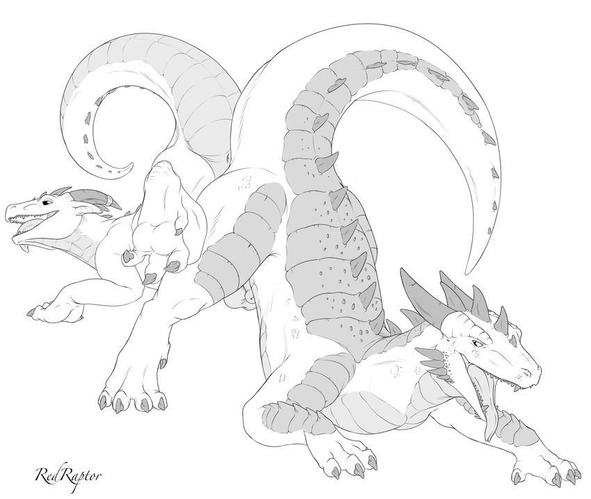 absurd_res ambiguous_gender ass_to_ass balls butt claws dragon duo female feral greyscale hi_res horn looking_back male monochrome nude open_mouth redraptor16 scalie sheath tongue tongue_out