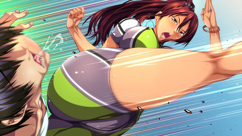 1girl angry ass black_hair blush bracelet breasts collar covered_nipples dark_skin erect_nipples highres huge_breasts jewelry kicking legs long_hair looking_at_viewer maki_daikichi open_mouth ponytail red_hair saliva short_hair sweat thighs yellow_eyes