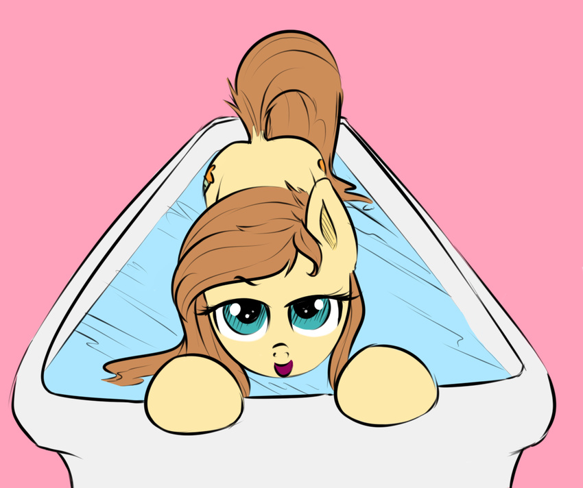 2014 bathtub blue_eyes brown_hair button's_mom cutie_mark equine female feral hair high-roller2108 horse long_hair looking_at_viewer my_little_pony pink_background plain_background pony solo water