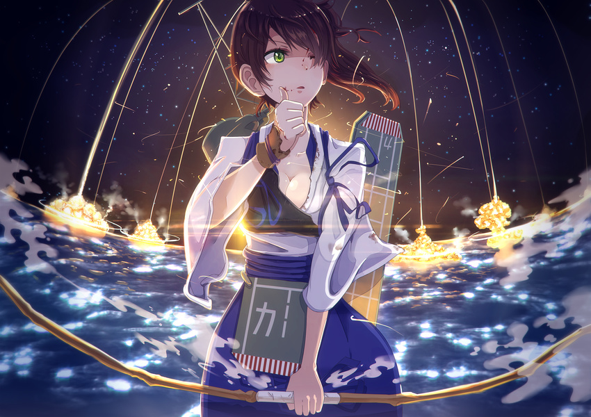 alternate_eye_color archery bad_id bad_pixiv_id blood blood_on_face blush bow_(weapon) brown_eyes brown_hair explosion gloves green_eyes highres injury japanese_clothes kaga_(kantai_collection) kantai_collection kyuudou muneate night ocean partly_fingerless_gloves quiver shimashima short_hair side_ponytail single_glove skirt smile solo weapon yugake