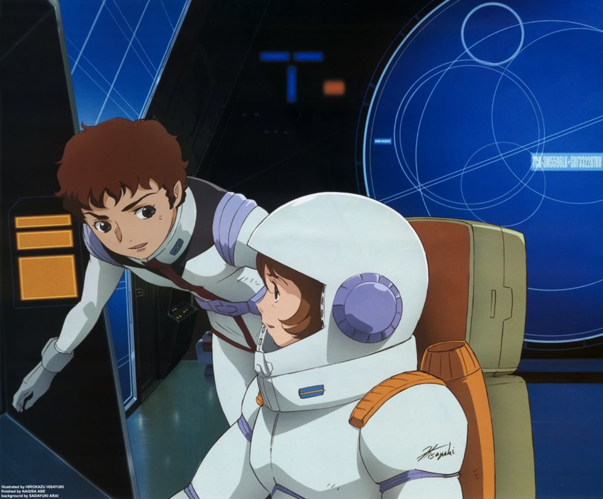 1boy 1girl amuro_ray brown_hair frau_bow gundam hisayuki_hirokazu mobile_suit_gundam oldschool pilot_suit spacesuit