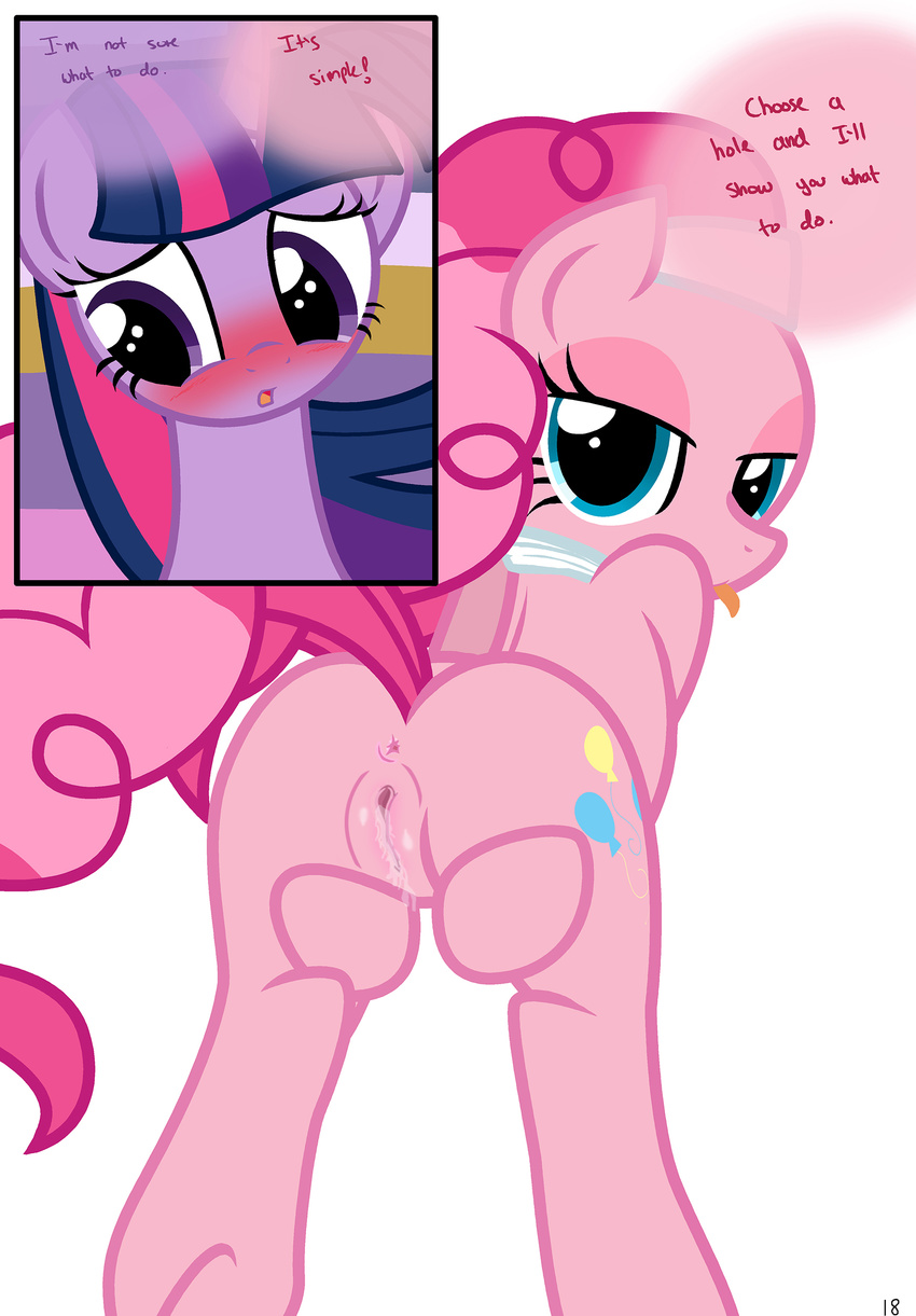 blue_eyes butt comic decent_drawing_of_female_genital english_text equine female feral friendship_is_magic fur hair hi_res horn horse lesbian mammal my_little_pony pink_fur pink_hair pinkie_pie_(mlp) pony presenting purple_eyes purple_fur purple_hair pussy pussy_juice pyruvate spa spread_pussy spreading text twilight_sparkle_(mlp) unicorn