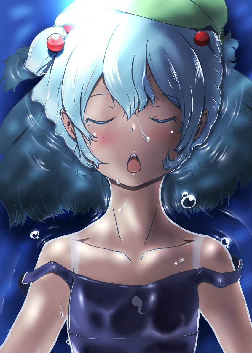 absurdres alternate_costume bare_shoulders blue_hair blush bubble closed_eyes collarbone flat_chest hair_bobbles hair_ornament hat highres kawashiro_nitori lying nishin_(hsdmj) off_shoulder on_back one-piece_swimsuit open_mouth partially_submerged school_swimsuit short_hair short_twintails solo strap_slip swimsuit tan tanline touhou twintails two_side_up water wet wet_clothes
