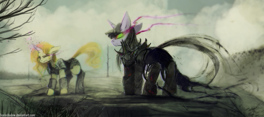 armor blonde_hair daedric_armor duo equine eye_mist eyes_closed female foxinshadow friendship_is_magic hair horn horse mammal my_little_pony outside pony pumpkin_cake_(mlp) purple_hair red_eyes scar sparkles tree twilight_sparkle_(mlp) unicorn wasteland zero-sum