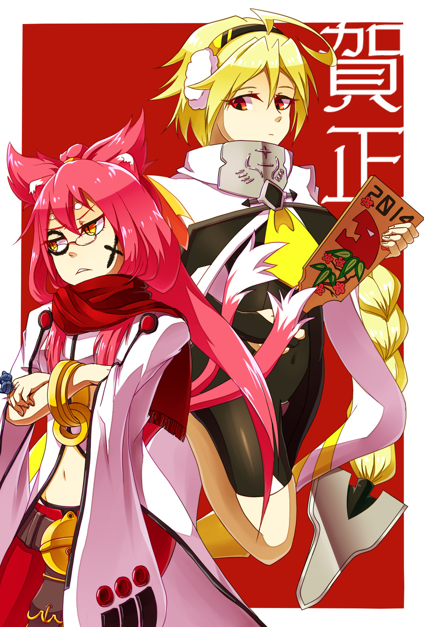 2girls ahoge animal_ears blazblue blonde_hair bodysuit cape cat_ears cat_tail dead_spike glasses highres kokonoe lambda-11 multiple_girls pink_hair red_eyes tail