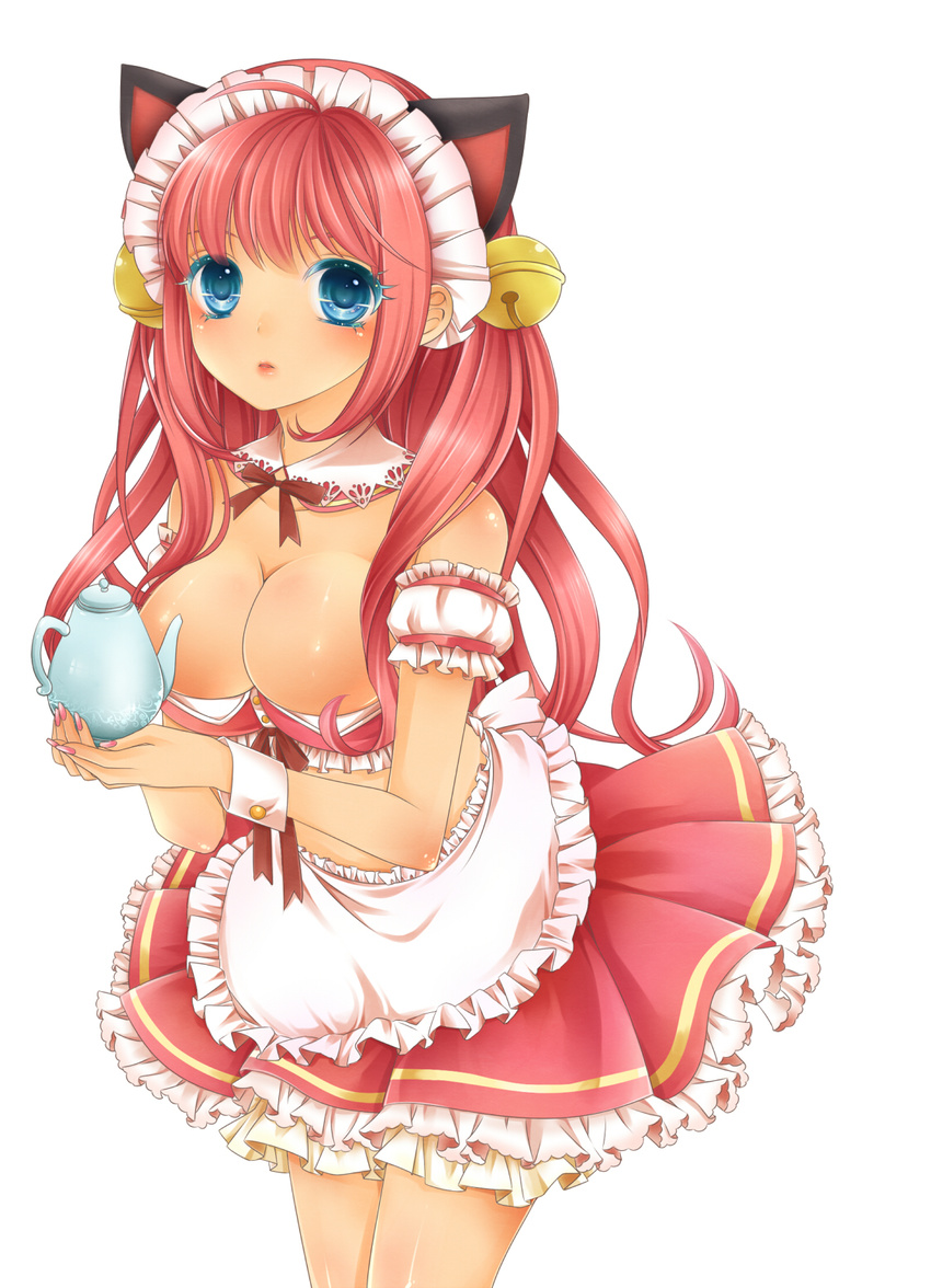 animal_ears atobesakunolove blue_eyes breasts cat_ears cleavage detached_collar dress frilled_dress frills highres large_breasts maid_headdress original pink_hair solo teapot waitress wrist_cuffs