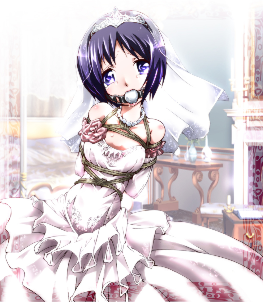 arms_behind_back ball_gag bare_shoulders bdsm black_hair blue_eyes bondage bound breasts bridal_veil choker dress drooling elbow_gloves flower frilled_dress frills gag gagged gloves hachikumo highres isara_gunther saliva senjou_no_valkyria senjou_no_valkyria_1 shibari short_hair small_breasts solo tiara veil wedding_dress white_dress white_gloves