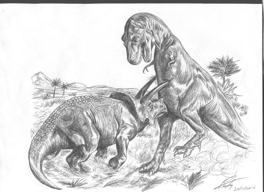 blood dinosaur dinosaurs duo feral fight horn outside sauropod scalie theropod tiny_arms triceratops tyrannosaurus