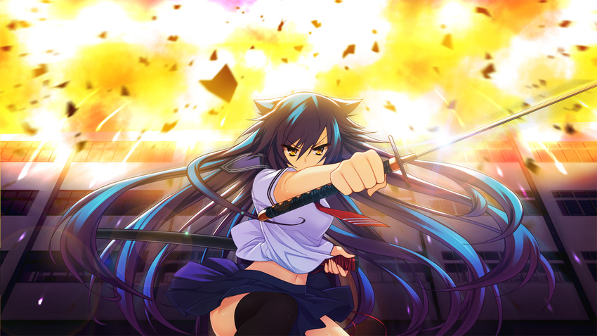 amagai_yukino blue_hair candysoft game_cg katana long_hair navel seifuku sword tsuyokiss_next weapon yellow_eyes