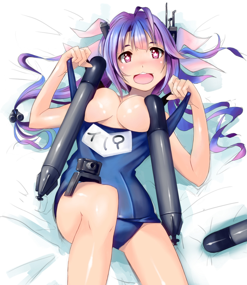 bad_anatomy bed_sheet blue_hair blush breasts hair_ornament hair_ribbon highres i-19_(kantai_collection) kantai_collection long_hair lying mistrail on_back one-piece_swimsuit open_mouth red_eyes ribbon school_swimsuit smile solo swimsuit torpedo twintails