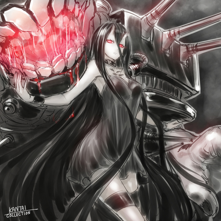 battleship_hime black_dress black_hair dress glowing highres horns kantai_collection long_hair looking_at_viewer misawa_kei monster oni_horns pale_skin red_eyes shinkaisei-kan short_dress very_long_hair