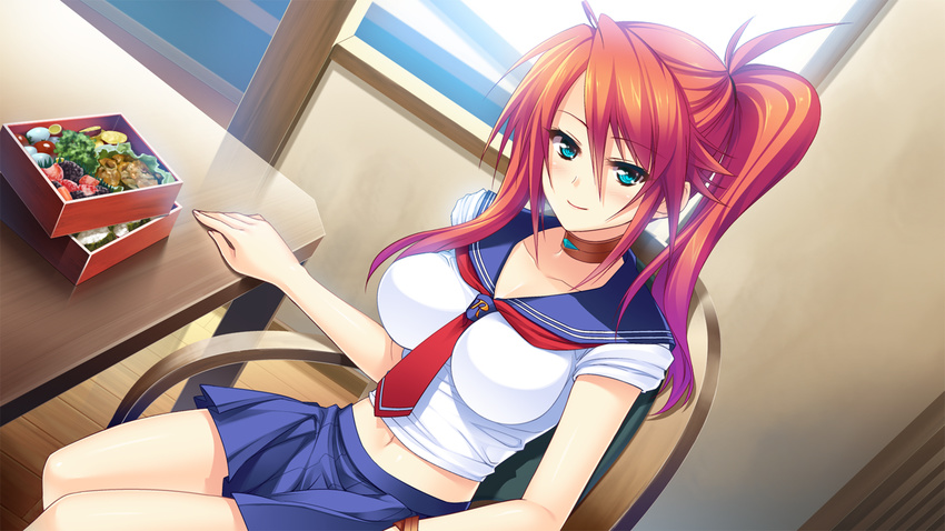 amagai_yukino blue_eyes candysoft game_cg long_hair navel ponytail red_hair seifuku skirt tie tsuyokiss_next