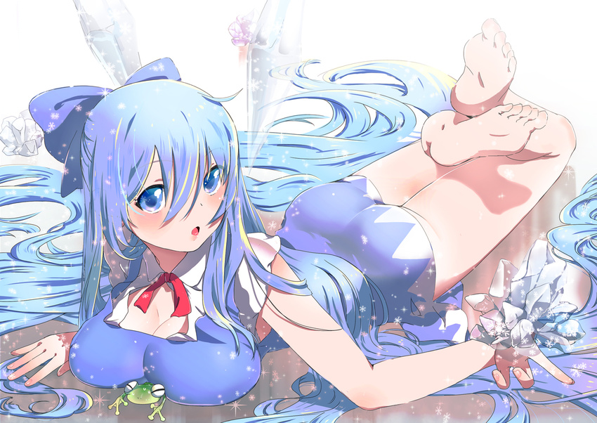 ass bad_id bad_pixiv_id barefoot blue_eyes blue_hair bow breasts cirno cleavage dress frog hair_bow ice ice_wings large_breasts long_hair looking_at_viewer lying older on_stomach solo touhou wings yamada_ranga