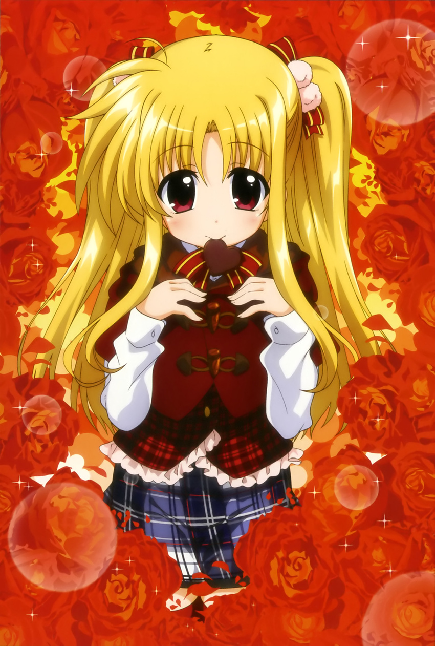 alicia_testarossa artist_request blonde_hair blush chocolate chocolate_heart flower frills heart highres long_hair long_sleeves lyrical_nanoha mahou_shoujo_lyrical_nanoha_innocent mouth_hold red_eyes smile solo sparkle two_side_up valentine