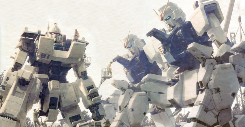 absurdres armor cockpit grey_background ground_gundam gundam gundam_08th_ms_team gundam_ez8 highres huge_filesize joint machinery mecha multiple_boys realistic science_fiction simple_background standing