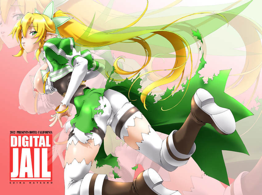 1girl ass blonde_hair blush boots bracelet breasts elf from_behind green_eyes jewelry large_breasts leafa long_hair looking_at_viewer natsuno_suika nipples pointy_ears puffy_sleeves shorts skirt sword_art_online torn_clothes wings wink