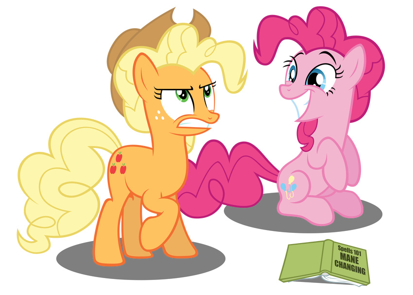 absurd_res alpha_channel annoyed applejack_(mlp) austiniousi big_smile blonde_hair blue_eyes book cowboy_hat cutie_mark duo equine female freckles friendship_is_magic green_eyes hair hat hi_res horse mammal my_little_pony pinkie_pie_(mlp) plain_background pony sitting smile standing transparent_background