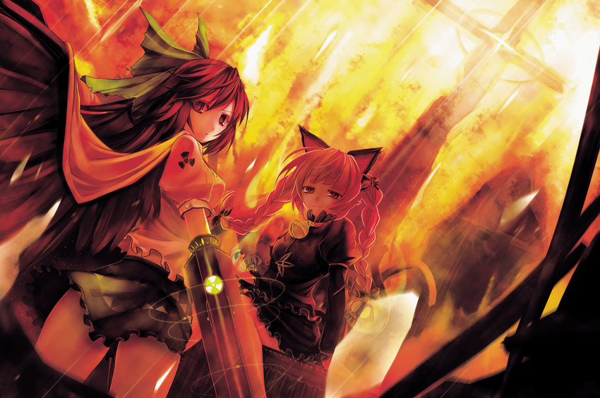 animal_ears arm_cannon bell black_hair bow cat_ears cross hair_bow kaenbyou_rin long_hair looking_back multiple_girls radiation_symbol red_eyes red_hair reiuji_utsuho revision scarlet_(studioscr) touhou weapon wings