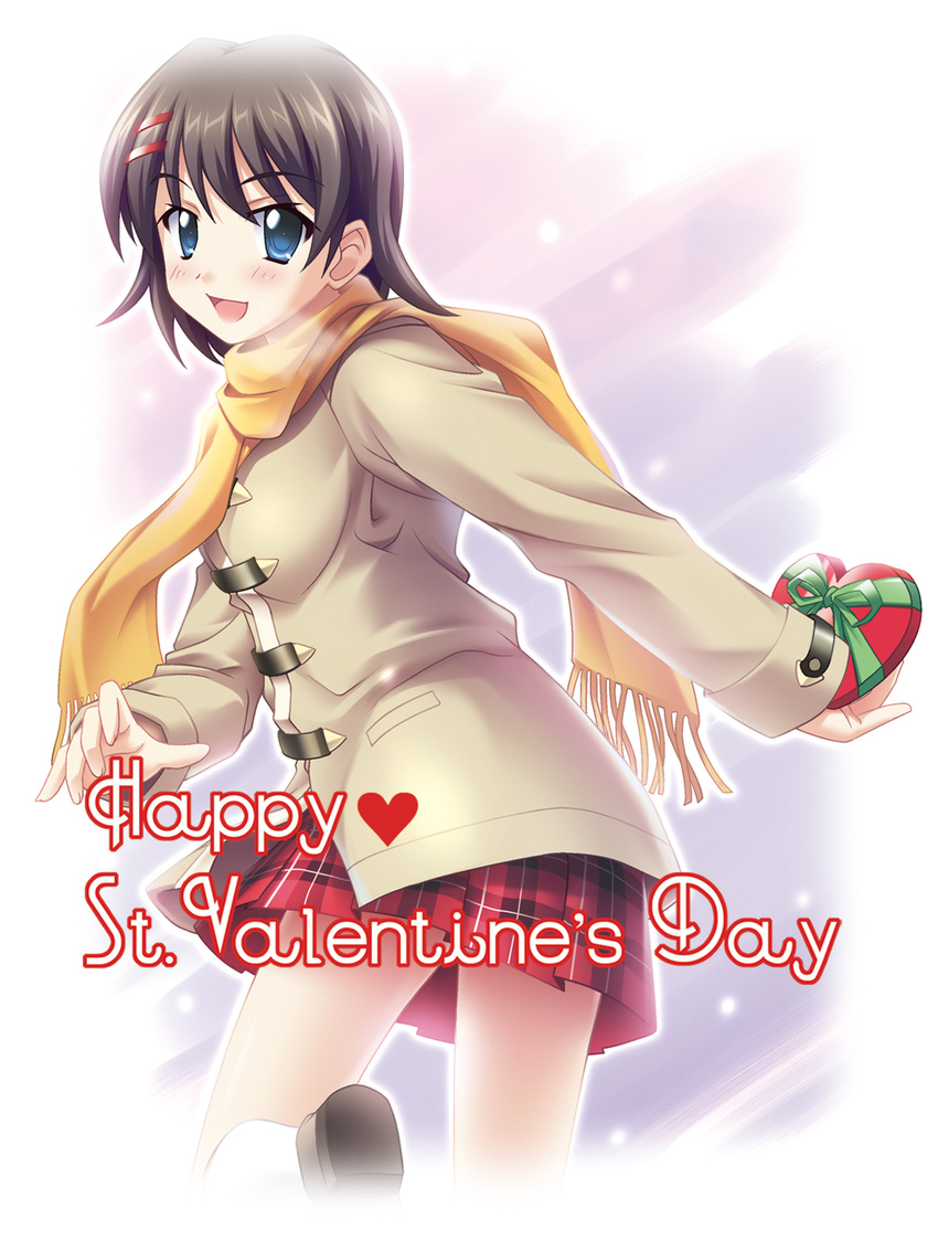 :d bangs beige_coat blue_eyes blush border box breasts breath brown_footwear brown_hair coat dot_nose duffel_coat english fading_border fringe_trim gift gift_box hair_ornament hairclip happy happy_valentine heart heart-shaped_box highres holding holding_gift kneehighs leg_up loafers long_sleeves looking_back medium_breasts miniskirt open_mouth original outdoors outline plaid plaid_skirt pleated_skirt red_skirt richu running scarf shoes short_hair skirt smile snowing solo valentine white_legwear yellow_scarf