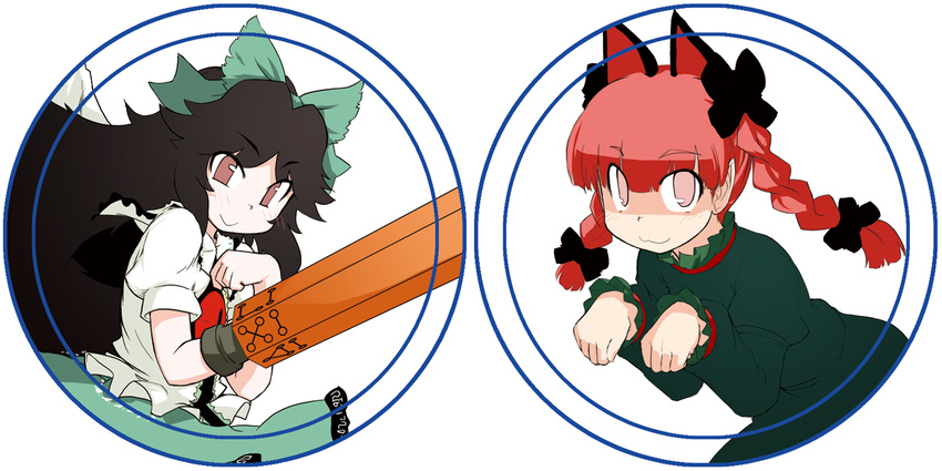 :3 animal_ears black_hair braid cat_ears golden_pe_done kaenbyou_rin multiple_girls paw_pose red_hair reiuji_utsuho touhou twin_braids