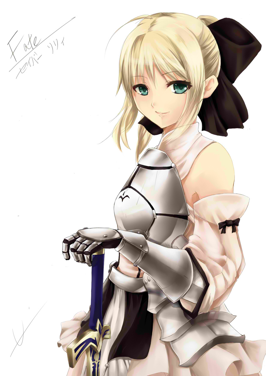 ahoge aqua_eyes armor armored_dress artoria_pendragon_(all) bare_shoulders blonde_hair bow detached_sleeves dress fate/stay_night fate/unlimited_codes fate_(series) gauntlets gloves hair_ribbon hand_on_hilt highres looking_at_viewer ponytail ribbon saber saber_lily short_hair signature simple_background smile solo sword u-1 weapon white_background