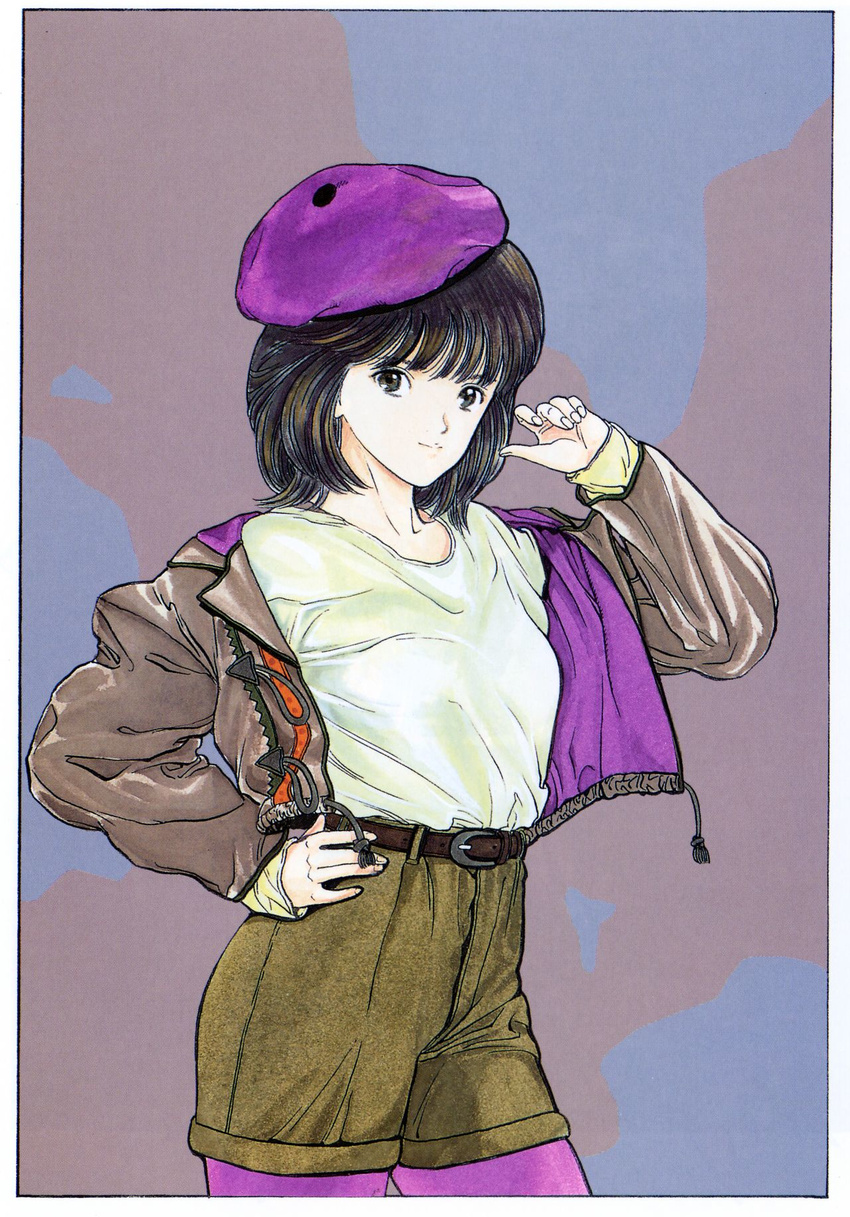 90s belt beret black_eyes black_hair den'ei_shoujo hand_on_hip hat hayakawa_moemi highres jacket katsura_masakazu purple_legwear shadow short_hair shorts solo