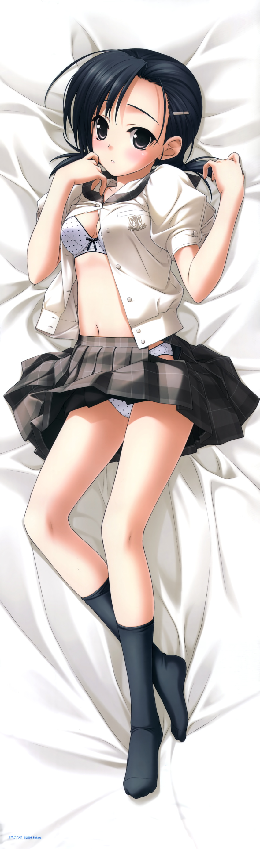 absurdres bangs black_hair black_legwear blush bow bow_panties bra breasts brown_eyes dakimakura fingernails full_body hair_ornament hairclip hashimoto_takashi highres kuranaga_kozue long_fingernails lying on_back open_clothes open_shirt open_skirt panties parted_bangs polka_dot polka_dot_bra polka_dot_panties scan school_uniform shirt skirt small_breasts socks solo underwear yosuga_no_sora