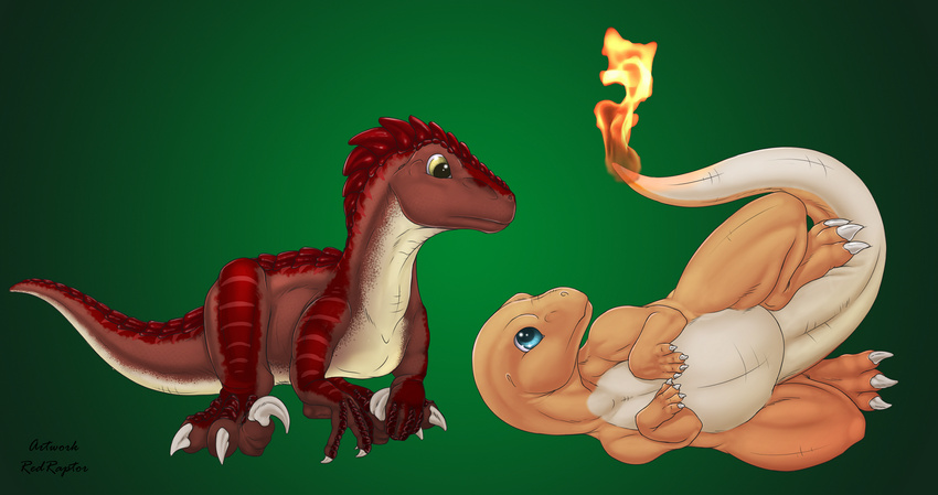 4_toes ambiguous_gender begging_pose blue_eyes charmander claws countershading cute dinosaur feral fire green_background looking_down looking_up lying nintendo on_side plain_background pok&#233;mon pok&eacute;mon raptor red_scale red_scales redraptor16 redraptor16_(character) scalie simple_background talon theropod video_games young